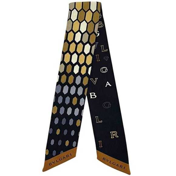 BVLGARI Ribbon Scarf Muffler ec-25238 Black Beige Serpenti Silk Snake Collect...